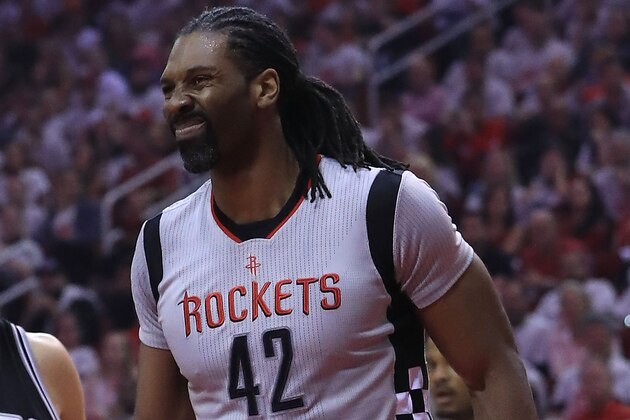 HOUSTON, TX - MAY 07:  Nene Hilario #42 of the Houston Rockets reacts after he was charged with a foul against Jonathon Simmons #17 of the San Antonio Spurs during Game Three of the NBA Western Conference Semi-Finals at Toyota Center on May 7, 2017 in Houston, Texas.  NOTE TO USER: User expressly acknowledges and agrees that, by downloading and or using this photograph, User is consenting to the terms and conditions of the Getty Images License Agreement.  (Photo by Ronald Martinez/Getty Images)