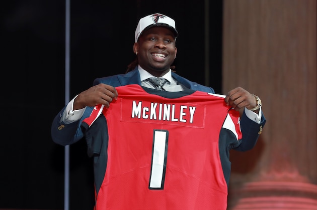 UCLA's Takkarist McKinley poses after being selected by the Atlanta Falcons during the first round of the 2017 NFL football draft, Thursday, April 27, 2017, in Philadelphia. (Jeff Haynes/AP Images for Panini)