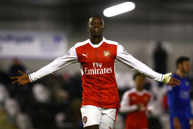 BOREHAMWOOD, ENGLAND - NOVEMBER 29:  Eddie Nketiah of Arsenal celebrates after scoring his and his sides second goal during the Premier League 2 match between Arsenal and Leicester City at Meadow Park on November 28, 2016 in Borehamwood, England.  (Photo by Alex Pantling/Getty Images)