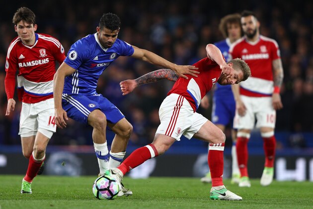 LONDON, ENGLAND - MAY 08:  Adam Clayton of Middlesbrough and Diego Costa of Chelsea clash during the Premier League match between Chelsea and Middlesbrough at Stamford Bridge on May 8, 2017 in London, England.  (Photo by Ian Walton/Getty Images)