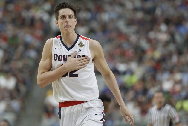 Gonzaga's Zach Collins reacts during the first half in the semifinals of the Final Four NCAA college basketball tournament against South Carolina, Saturday, April 1, 2017, in Glendale, Ariz. (AP Photo/Mark Humphrey)