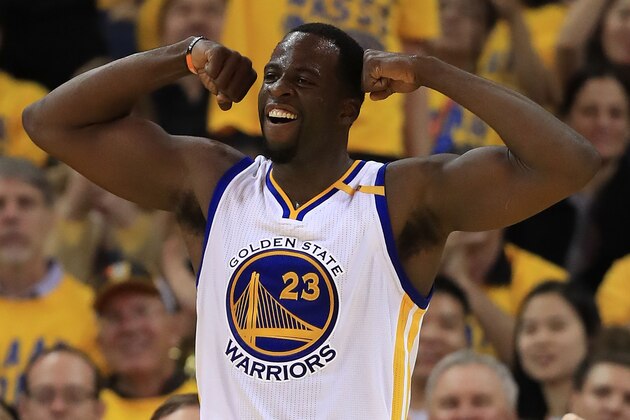OAKLAND, CA - MAY 04:  Draymond Green #23 of the Golden State Warriors reacts against the Utah Jazz during Game Two of the NBA Western Conference Semi-Finals at ORACLE Arena on May 4, 2017 in Oakland, California.  NOTE TO USER: User expressly acknowledges and agrees that, by downloading and or using this photograph, User is consenting to the terms and conditions of the Getty Images License Agreement.  (Photo by Ezra Shaw/Getty Images)