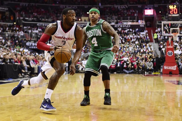 WASHINGTON, DC - MAY 07: John Wall #2 of the Washington Wizards dribbles the ball against Isaiah Thomas #4 of the Boston Celtics in the second quarter in Game Four of the Eastern Conference Semifinals at Verizon Center on May 7, 2017 in Washington, DC. NOTE TO USER: User expressly acknowledges and agrees that, by downloading and or using this photograph, User is consenting to the terms and conditions of the Getty Images License Agreement. (Photo by Patrick McDermott/Getty Images)