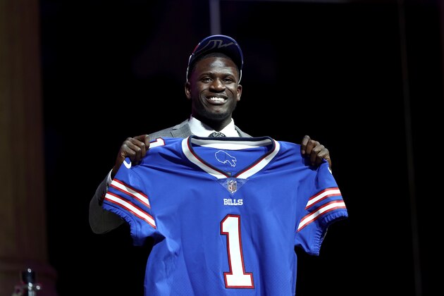 PHILADELPHIA, PA - APRIL 27:  Tre'Davious White of LSU reacts after being picked #27 overall by the Buffalo Bills during the first round of the 2017 NFL Draft at the Philadelphia Museum of Art on April 27, 2017 in Philadelphia, Pennsylvania.  (Photo by Elsa/Getty Images)