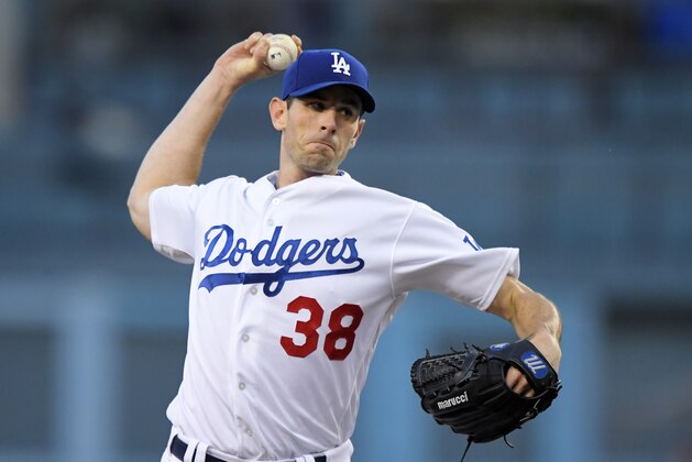 Los Angeles Dodgers starting pitcher Brandon McCarthy throws to the plate during the first inning of a baseball game against the Arizona Diamondbacks, Monday, April 17, 2017, in Los Angeles. (AP Photo/Mark J. Terrill)