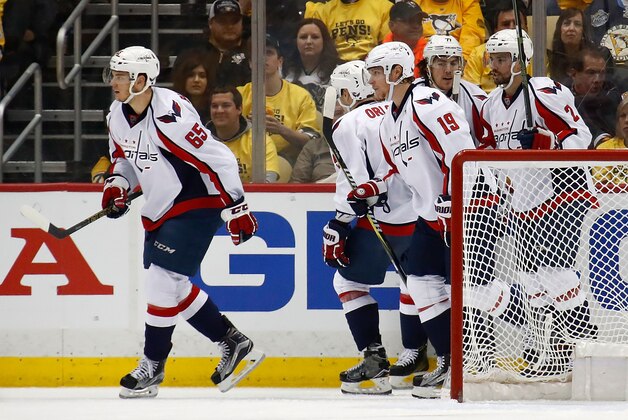 PITTSBURGH, PA - MAY 08:  Andre Burakovsky #65 of the Washington Capitals reacts after scoring a goal against the Pittsburgh Penguins in Game Six of the Eastern Conference Second Round during the 2017 NHL Stanley Cup Playoffs at PPG PAINTS Arena on May 8, 2017 in Pittsburgh, Pennsylvania.  (Photo by Gregory Shamus/Getty Images)