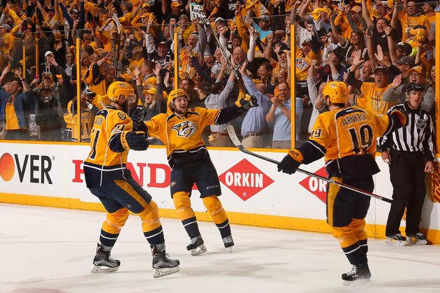 NASHVILLE, TN - MAY 07:  Austin Watson #51 and Filip Forsberg #9, congratulate teammate Calle Jarnkrok #19 on scoring an open net goal against the St. Louis Blues in the third period of Game Six of the Western Conference Second Round during the 2017 NHL Stanley Cup Playoffs  at Bridgestone Arena on May 7, 2017 in Nashville, Tennessee.  (Photo by Frederick Breedon/Getty Images)