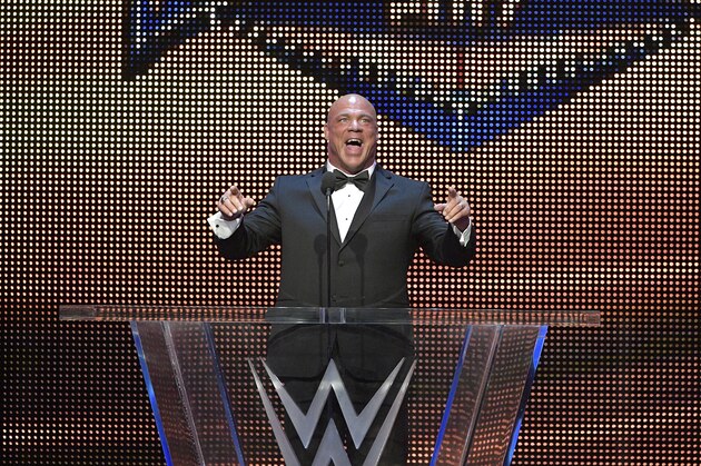 IMAGE DISTRIBUTED FOR WWE - Kurt Angle addresses the crowd after being inducted into the WWE Hall of Fame as part of the WrestleMania 33 weekend at a ceremony on Friday, March 31, 2017, in Orlando, Fla. (Phelan M. Ebenhack/AP Images for WWE)