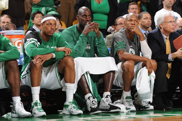 BOSTON, MA - JUNE 7:  Paul Pierce #34, Kevin Garnett #5 and Ray Allen #20 of the Boston Celtics sit on the bench during the four quarter against the Miami Heat in Game Six of the Eastern Conference Finals during the 2012 NBA Playoffs on June 7, 2012 at TD Garden in Boston, Massachusetts.  NOTE TO USER: User expressly acknowledges and agrees that, by downloading and or using this photograph, User is consenting to the terms and conditions of the Getty Images License Agreement. Mandatory Copyright Notice: Copyright 2012 NBAE (Photo by Steve Babineau/NBAE via Getty Images)