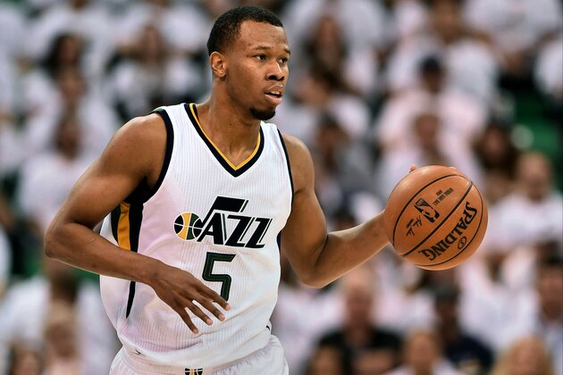SALT LAKE CITY, UT - APRIL 23: Rodney Hood #5 of the Utah Jazz brings the ball up court in the first half against the Los Angeles Clippers in Game Four of the Western Conference Quarterfinals during the 2017 NBA Playoffs at Vivint Smart Home Arena on April 23, 2017 in Salt Lake City, Utah. NOTE TO USER: User expressly acknowledges and agrees that, by downloading and or using this photograph, User is consenting to the terms and conditions of the Getty Images License Agreement. (Photo by Gene Sweeney Jr/Getty Images)