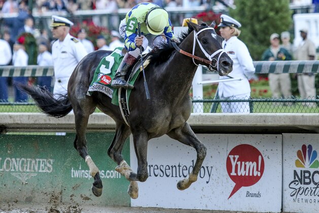 LOUISVILLE, KY - MAY 06: Always Dreaming #5, ridden by John Velazquez, wins the Kentucky Derby on Kentucky Derby Day at Churchill Downs on May 6, 2017 in Louisville, Kentucky. (Photo by Candice Chavez/Eclipse Sportswire/Getty Images)
