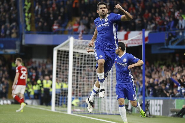 Chelsea's Diego Costa celebrates scoring a goal during the English Premier League soccer match between Chelsea and Middlesbrough at Stamford Bridge stadium in London, Monday, May 8, 2017. (AP Photo/Frank Augstein)