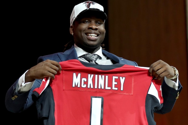 PHILADELPHIA, PA - APRIL 27: Takkarist McKinley of UCLA reacts after being picked #26 overall by the Atlanta Falcons during the first round of the 2017 NFL Draft at the Philadelphia Museum of Art on April 27, 2017 in Philadelphia, Pennsylvania. (Photo by Elsa/Getty Images) PHILADELPHIA, PA - APRIL 27: Takkarist McKinley of UCLA reacts after being picked #26 overall by the Atlanta Falcons during the first round of the 2017 NFL Draft at the Philadelphia Museum of Art on April 27, 2017 in Philadelphia, Pennsylvania. (Photo by Elsa/Getty Images)