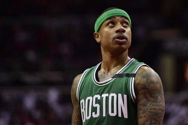 WASHINGTON, DC - MAY 07: Isaiah Thomas #4 of the Boston Celtics reacts in the second half against the Washington Wizards in Game Four of the Eastern Conference Semifinals at Verizon Center on May 7, 2017 in Washington, DC. NOTE TO USER: User expressly acknowledges and agrees that, by downloading and or using this photograph, User is consenting to the terms and conditions of the Getty Images License Agreement. (Photo by Patrick McDermott/Getty Images)