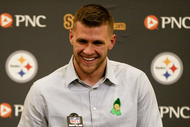 Pittsburgh Steelers first round pick in the 2017 NFL football draft, T.J. Watt, a linebacker out of Wisconsin, speaks during a news conference Friday, April 28, 2017, in Pittsburgh. (AP Photo/Keith Srakocic)