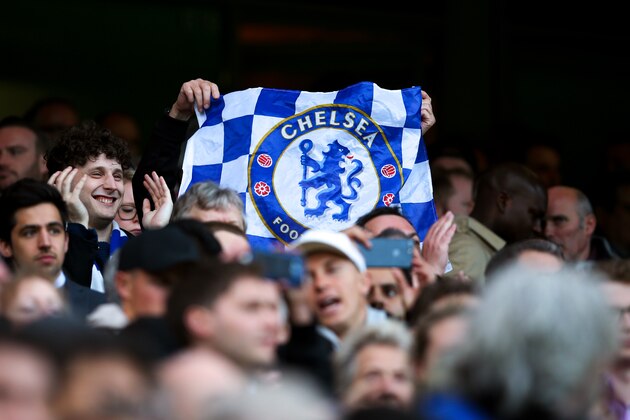 LONDON, ENGLAND - MAY 08: Chelsea fans hold up a flag during the Premier League match between Chelsea and Middlesbrough at Stamford Bridge on May 8, 2017 in London, England. (Photo by Catherine Ivill - AMA/Getty Images)