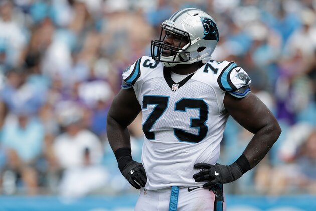 CHARLOTTE, NC - SEPTEMBER 25:  Michael Oher #73 of the Carolina Panthers watches a replay against the Minnesota Vikings in the 3rd quarter during their game at Bank of America Stadium on September 25, 2016 in Charlotte, North Carolina.  (Photo by Streeter Lecka/Getty Images)