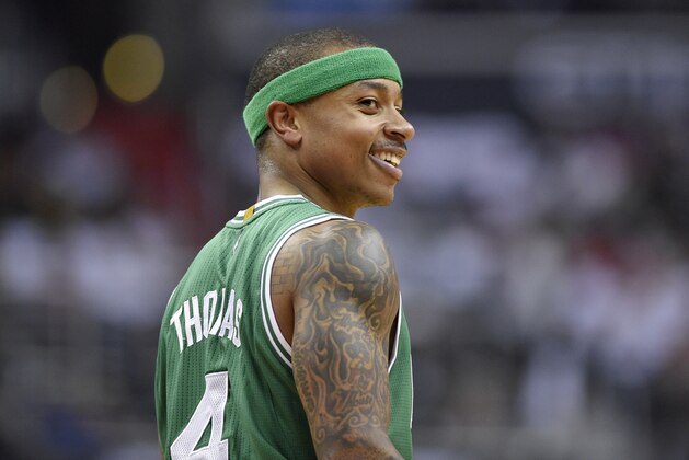 Boston Celtics guard Isaiah Thomas (4) smiles during the first half in Game 4 of a second-round NBA basketball playoff series against the Washington Wizards, Sunday, May 7, 2017, in Washington. (AP Photo/Nick Wass)