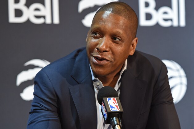 TORONTO, CANADA - JULY 14:  Masai Ujiri of the Toronto Raptors speaks during a press conference to announce new contracts on July 14, 2016 at the Real Sports Bar & Grill in Toronto, Ontario, Canada.  NOTE TO USER: User expressly acknowledges and agrees that, by downloading and or using this Photograph, user is consenting to the terms and conditions of the Getty Images License Agreement.  Mandatory Copyright Notice: Copyright 2016 NBAE (Photo by Ron Turenne/NBAE via Getty Images)