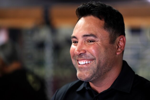 NATIONAL CITY, CA - APRIL 19:  Chairman and CEO of Golden Boy Promotions Oscar de la Hoya looks on during a Open Workout for Canelo Alvarez of Mexico  at the House of Boxing  on April 19, 2017 in National City, California.   Canelo Alvarez fights Julio Cesar Chavez Jr. on May 6, 2017 in Las Vegas, Nevada.  (Photo by Sean M. Haffey/Getty Images)