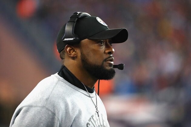 FOXBORO, MA - JANUARY 22:  Head coach Mike Tomlin of the Pittsburgh Steelers looks on against the New England Patriots in the AFC Championship Game at Gillette Stadium on January 22, 2017 in Foxboro, Massachusetts.  (Photo by Al Bello/Getty Images)