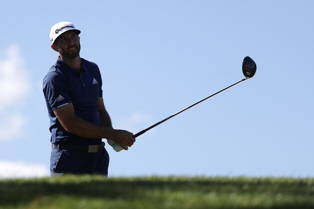 WILMINGTON, NC - MAY 7: Dustin Johnson plays his shot from the 18th tee during the final round of the Wells Fargo Championship at Eagle Point Golf Club on May 7, 2017 in Wilmington, North Carolina. (Photo by Streeter Lecka/Getty Images)