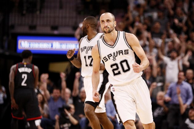 May 9, 2017; San Antonio, TX, USA; San Antonio Spurs shooting guard Manu Ginobili (20) reacts after a shot against the Houston Rockets during the second half in game five of the second round of the 2017 NBA Playoffs at AT&T Center. Mandatory Credit: Soobum Im-USA TODAY Sports