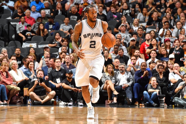 SAN ANTONIO, TX - MAY 9: Kawhi Leonard #2 of the San Antonio Spurs handles the ball during the game against the Houston Rockets during Game Five of the Western Conference Semifinals of the 2017 NBA Playoffs on May 9, 2017 at the AT&T Center in San Antonio, Texas. NOTE TO USER: User expressly acknowledges and agrees that, by downloading and or using this photograph, user is consenting to the terms and conditions of the Getty Images License Agreement. Mandatory Copyright Notice: Copyright 2017 NBAE (Photos by Jesse D. Garrabrant/NBAE via Getty Images) SAN ANTONIO, TX - MAY 9: Kawhi Leonard #2 of the San Antonio Spurs handles the ball during the game against the Houston Rockets during Game Five of the Western Conference Semifinals of the 2017 NBA Playoffs on May 9, 2017 at the AT&T Center in San Antonio, Texas. NOTE TO USER: User expressly acknowledges and agrees that, by downloading and or using this photograph, user is consenting to the terms and conditions of the Getty Images License Agreement. Mandatory Copyright Notice: Copyright 2017 NBAE (Photos by Jesse D. Garrabrant/NBAE via Getty Images)