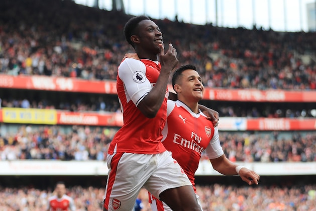 LONDON, ENGLAND - MAY 07:  Danny Welbeck of Arsenal celebrates scoring his sides second goal with Alexis Sanchez of Arsenal during the Premier League match between Arsenal and Manchester United at the Emirates Stadium on May 7, 2017 in London, England.  (Photo by Richard Heathcote/Getty Images)