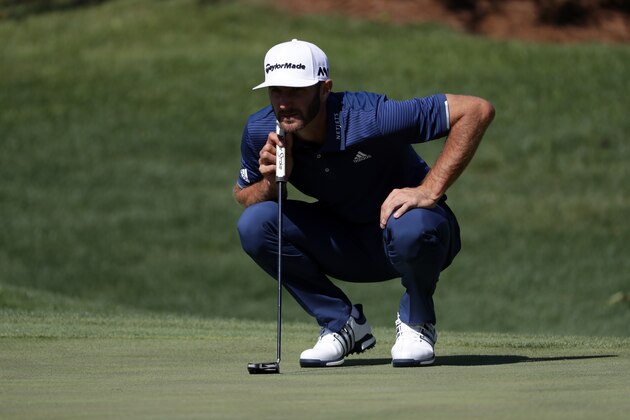 WILMINGTON, NC - MAY 7: Dustin Johnson lines up a putt on the 17th green during the final round of the Wells Fargo Championship at Eagle Point Golf Club on May 7, 2017 in Wilmington, North Carolina. (Photo by Streeter Lecka/Getty Images)