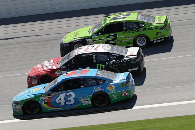 TALLADEGA, AL - MAY 07: Aric Almirola, driver of the #43 Fresh From Florida Ford, leads a pack of cars during the Monster Energy NASCAR Cup Series GEICO 500 at Talladega Superspeedway on May 7, 2017 in Talladega, Alabama.  (Photo by Chris Graythen/Getty Images)