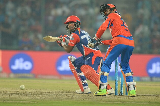 Delhi Daredevils batsman Rishabh Pant plays a shot during the 2017 Indian Premier League (IPL) Twenty20 cricket match between Delhi Daredevils and Gujarat Lions at the Feroz Shah Kotla Cricket Stadium in New Delhi on May 4,2017.  / AFP PHOTO / SAJJAD HUSSAIN        (Photo credit should read SAJJAD HUSSAIN/AFP/Getty Images)