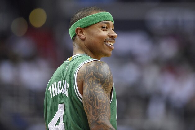 Boston Celtics guard Isaiah Thomas (4) smiles during the first half in Game 4 of a second-round NBA basketball playoff series against the Washington Wizards, Sunday, May 7, 2017, in Washington. (AP Photo/Nick Wass)