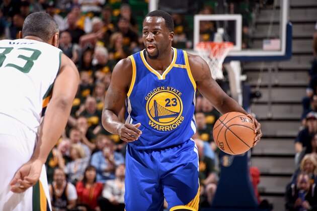 SALT LAKE CITY, UT - MAY 6:  Draymond Green #23 of the Golden State Warriors handles the ball against the Utah Jazz during Game Three of the Western Conference Semifinals of the 2017 NBA Playoffs on May 6, 2017 at vivint.SmartHome Arena in Salt Lake City, Utah. NOTE TO USER: User expressly acknowledges and agrees that, by downloading and/or using this Photograph, user is consenting to the terms and conditions of the Getty Images License Agreement. Mandatory Copyright Notice: Copyright 2017 NBAE (Photo by Andrew D. Bernstein/NBAE via Getty Images)