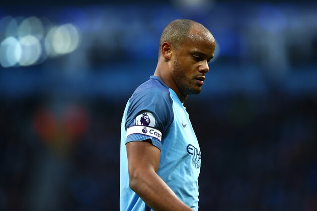 MANCHESTER, ENGLAND - APRIL 27:  Vincent Kompany of Manchester City looks on during the Premier League match between Manchester City and Manchester United at Etihad Stadium on April 27, 2017 in Manchester, England.  (Photo by Robbie Jay Barratt - AMA/Getty Images)