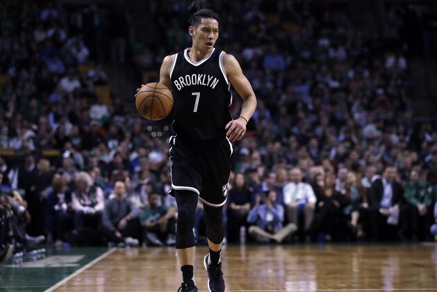 Brooklyn Nets guard Jeremy Lin (7) during the first quarter of an NBA basketball game in Boston, Monday, April 10, 2017. (AP Photo/Charles Krupa)