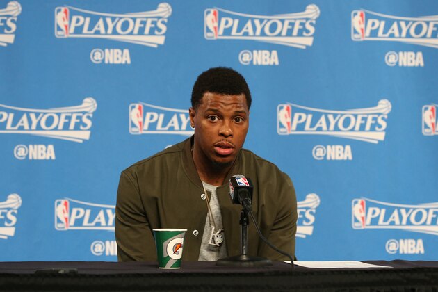 CLEVELAND, OH - MAY 3:  Kyle Lowry #7 of the Toronto Raptors talks to the media during a press conference after Game Two of the Eastern Conference Semifinals against the Cleveland Cavaliers during the 2017 NBA Playoffs on May 3, 2017 at Quicken Loans Arena in Cleveland, Ohio. NOTE TO USER: User expressly acknowledges and agrees that, by downloading and or using this photograph, user is consenting to the terms and conditions of the Getty Images License Agreement. Mandatory Copyright Notice: Copyright 2017 NBAE (Photos by Nathaniel S. Butler/NBAE via Getty Images)
