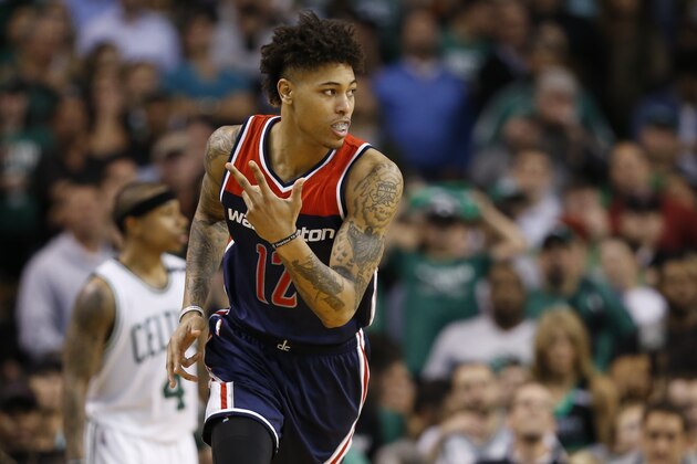 May 2, 2017; Boston, MA, USA; Washington Wizards shooting forward Kelly Oubre Jr. (12) reacts after scoring a three point basket during overtime in game two of the second round of the 2017 NBA Playoffs against the Boston Celtics at TD Garden. Mandatory Credit: Greg M. Cooper-USA TODAY Sports