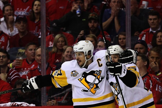 WASHINGTON, DC - MAY 10: Bryan Rust #17 of the Pittsburgh Penguins celebrates with Sidney Crosby #87 after scoring a second period goal against the Washington Capitals in Game Seven of the Eastern Conference Second Round during the 2017 NHL Stanley Cup Playoffs at Verizon Center on May 10, 2017 in Washington, DC. (Photo by Patrick Smith/Getty Images) WASHINGTON, DC - MAY 10: Bryan Rust #17 of the Pittsburgh Penguins celebrates with Sidney Crosby #87 after scoring a second period goal against the Washington Capitals in Game Seven of the Eastern Conference Second Round during the 2017 NHL Stanley Cup Playoffs at Verizon Center on May 10, 2017 in Washington, DC. (Photo by Patrick Smith/Getty Images)