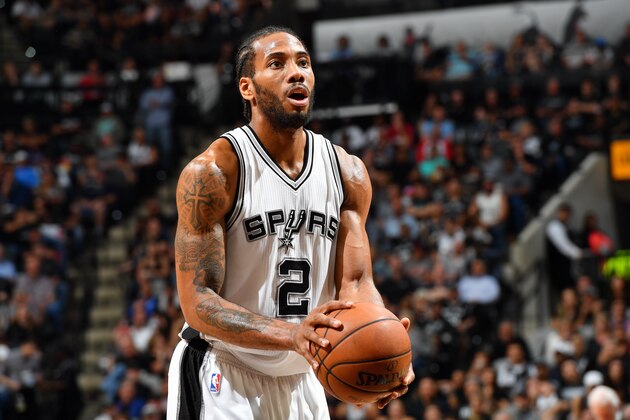 SAN ANTONIO, TX - MAY 9: Kawhi Leonard #2 of the San Antonio Spurs shoots a free throw during the game against the Houston Rockets during Game Five of the Western Conference Semifinals of the 2017 NBA Playoffs on May 9, 2017 at the AT&T Center in San Antonio, Texas. NOTE TO USER: User expressly acknowledges and agrees that, by downloading and or using this photograph, user is consenting to the terms and conditions of the Getty Images License Agreement. Mandatory Copyright Notice: Copyright 2017 NBAE (Photos by Jesse D. Garrabrant/NBAE via Getty Images)