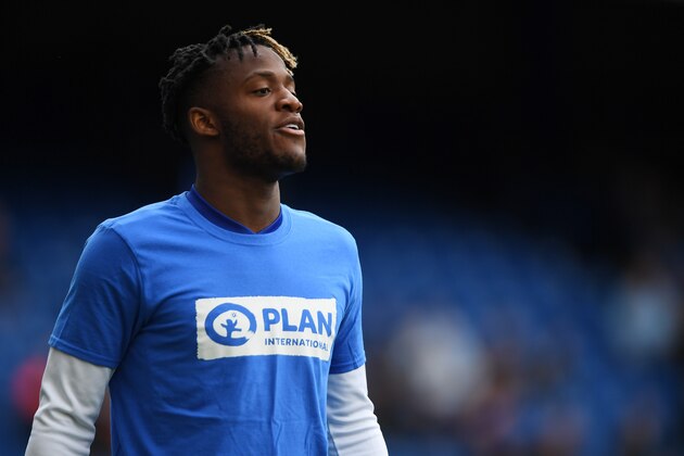 LONDON, ENGLAND - APRIL 01: Michy Batshuayi of Chelsea looks on while warming up prior to the Premier League match between Chelsea and Crystal Palace at Stamford Bridge on April 1, 2017 in London, England.  (Photo by Mike Hewitt/Getty Images)