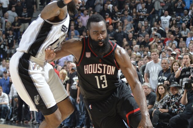 SAN ANTONIO, TX - MAY 9: James Harden #13 of the Houston Rockets handles the ball against the San Antonio Spurs in Game Five of the Western Conference Semifinals on May 9, 2017 at the AT&T Center in San Antonio, Texas. NOTE TO USER: User expressly acknowledges and agrees that, by downloading and or using this photograph, user is consenting to the terms and conditions of the Getty Images License Agreement. Mandatory Copyright Notice: Copyright 2017 NBAE (Photos by Mark Sobhani/NBAE via Getty Images)