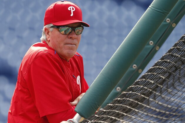 PHILADELPHIA, PA - MAY 20: Manager Pete Mackanin #45 of the Philadelphia Phillies watches batting practice before a game against the Atlanta Braves at Citizens Bank Park on May 20, 2016 in Philadelphia, Pennsylvania. (Photo by Rich Schultz/Getty Images)