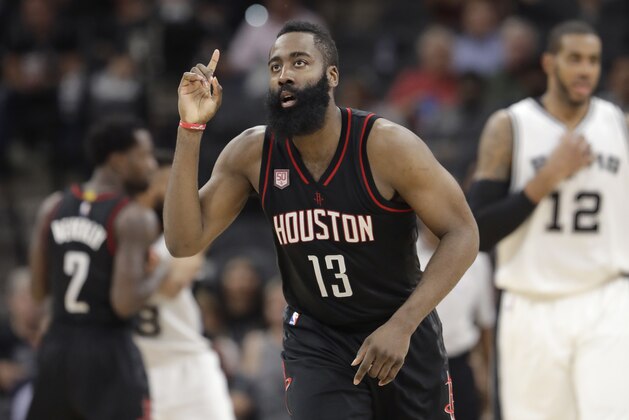 Houston Rockets guard James Harden (13) during the second half of Game 5 in a second-round NBA basketball playoff series against the San Antonio Spurs, Tuesday, May 9, 2017, in San Antonio. (AP Photo/Eric Gay)