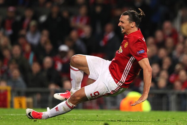 MANCHESTER, ENGLAND - APRIL 20:  Zlatan Ibrahimovic of Manchester United goes down injured during the UEFA Europa League quarter final second leg match between Manchester United and RSC Anderlecht at Old Trafford on March 20, 2017 in Manchester, United Kingdom.  (Photo by Matthew Ashton - AMA/Getty Images)