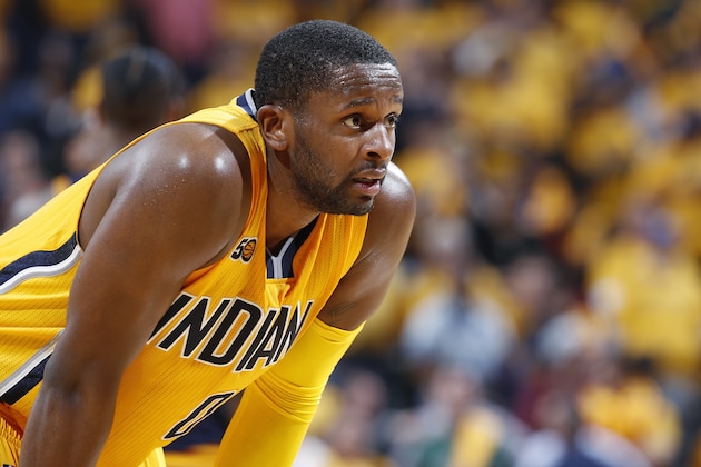 INDIANAPOLIS, IN - APRIL 20: CJ Miles #0 of the Indiana Pacers reacts against the Cleveland Cavaliers in game three of the Eastern Conference Quarterfinals during the 2017 NBA Playoffs at Bankers Life Fieldhouse on April 20, 2017 in Indianapolis, Indiana. The Cavaliers defeated the Pacers 119-114 to take a 3-0 lead in the series. NOTE TO USER: User expressly acknowledges and agrees that, by downloading and or using the photograph, User is consenting to the terms and conditions of the Getty Images License Agreement. (Photo by Joe Robbins/Getty Images)