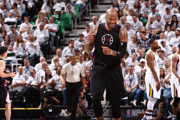 SALT LAKE CITY, UT - APRIL 21: Marreese Speights #5 of the Los Angeles Clippers reacts during the game against the Utah Jazz during the Western Conference Quarter-finals of the 2017 NBA Playoffs on April 21, 2017 at Vivint Smart Home Arena in Salt Lake City, Utah. NOTE TO USER: User expressly acknowledges and agrees that, by downloading and or using this Photograph, User is consenting to the terms and conditions of the Getty Images License Agreement. Mandatory Copyright Notice: Copyright 2017 NBAE (Photo by Andrew D. Bernstein/NBAE via Getty Images)