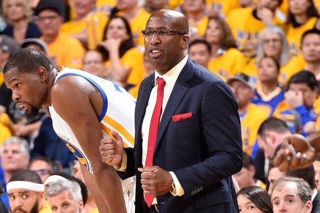 OAKLAND, CA - MAY 4: Mike Brown of the Golden State Warriors looks on during the game against the Utah Jazz during Game Two of the Western Conference Semifinals of the 2017 NBA Playoffs on May 4, 2017 at ORACLE Arena in Oakland, California. NOTE TO USER: User expressly acknowledges and agrees that, by downloading and/or using this Photograph, user is consenting to the terms and conditions of the Getty Images License Agreement. Mandatory Copyright Notice: Copyright 2017 NBAE (Photo by Andrew D. Bernstein/NBAE via Getty Images)