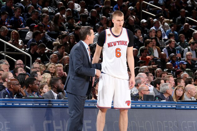 NEW YORK, NY - OCTOBER 29: Head Coach Jeff Hornacek of the New York Knicks talks with Kristaps Porzingis #6 of the New York Knicks during the game against the Memphis Grizzlies on October 29, 2016 at Madison Square Garden in New York City, New York.  NOTE TO USER: User expressly acknowledges and agrees that, by downloading and or using this photograph, User is consenting to the terms and conditions of the Getty Images License Agreement. Mandatory Copyright Notice: Copyright 2016 NBAE  (Photo by Nathaniel S. Butler/NBAE via Getty Images)