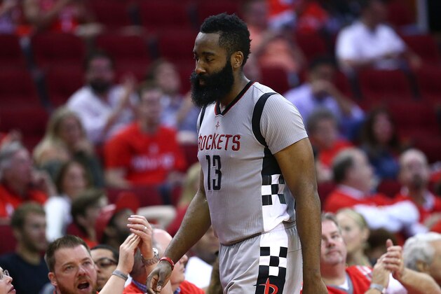 HOUSTON, TX - MAY 11:  James Harden #13 of the Houston Rockets reacts against the San Antonio Spurs during Game Six of the NBA Western Conference Semi-Finals at Toyota Center on May 11, 2017 in Houston, Texas.  NOTE TO USER: User expressly acknowledges and agrees that, by downloading and or using this photograph, User is consenting to the terms and conditions of the Getty Images License Agreement.  (Photo by Ronald Martinez/Getty Images)
